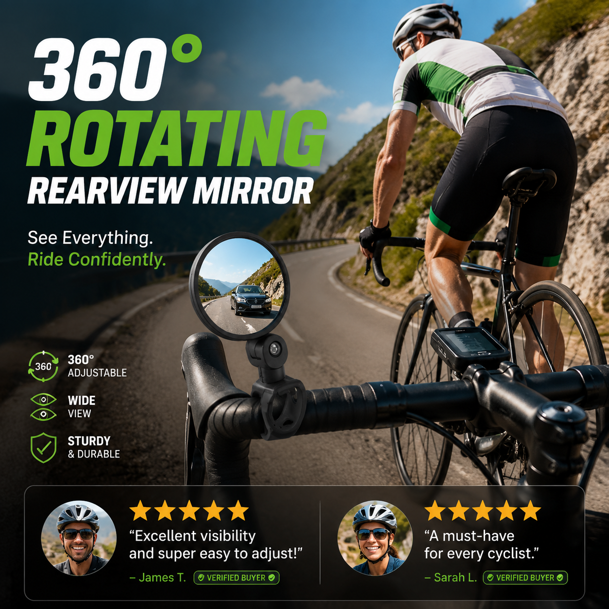 🥳2026 HOT SALE🥳💞50K+ SOLD!🚲🔍 50% OFF! 360° Rotating Rearview Mirror – Clear view behind, no more neck twisting. Fits bikes, e‑bikes & motorcycles. Tool‑free silicone strap! 🛡️✨