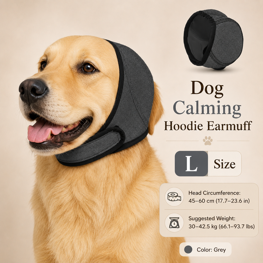 Grey dog calming hoodie size and material visual