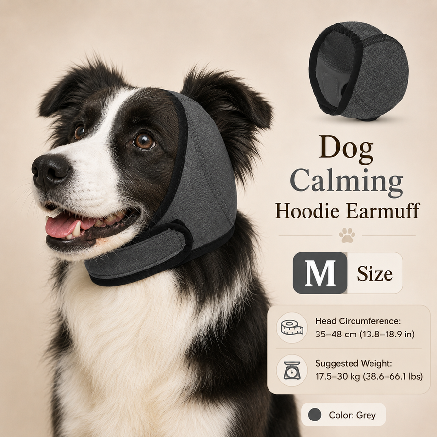 Grey dog calming hoodie on black and white dog