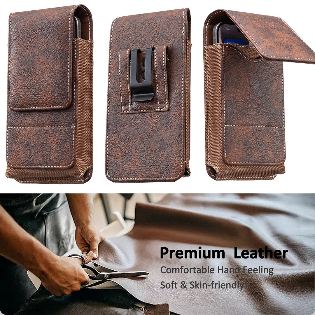 Belt Phone Holder with Magnetic Closure – Sturdy Smartphone Holster with Clip, Belt Loop & Card Slot