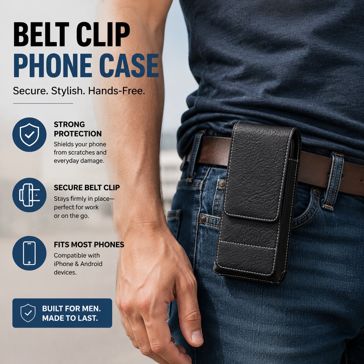 Belt Phone Holder with Magnetic Closure – Sturdy Smartphone Holster with Clip, Belt Loop & Card Slot