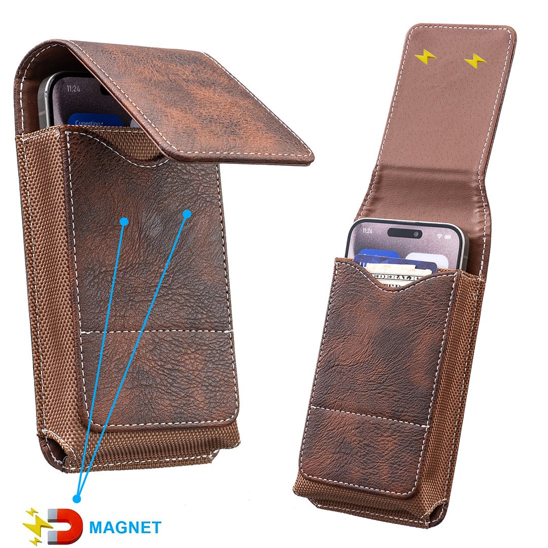 Belt Phone Holder with Magnetic Closure – Sturdy Smartphone Holster with Clip, Belt Loop & Card Slot