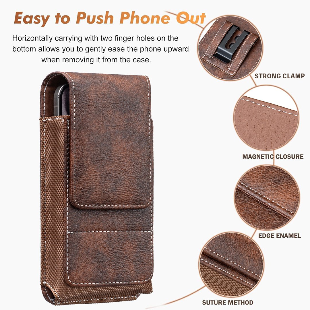 Belt Phone Holder with Magnetic Closure – Sturdy Smartphone Holster with Clip, Belt Loop & Card Slot