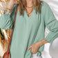 🔥Womens 3/4 Lantern Sleeve Casual V-Neck T-Shirts Pleated Loose Hollow-Out Blouse