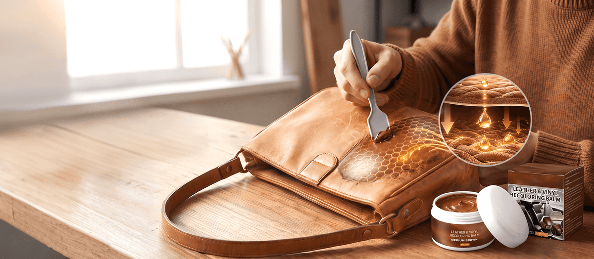 Leather care paste applied to a handbag beside the product packaging