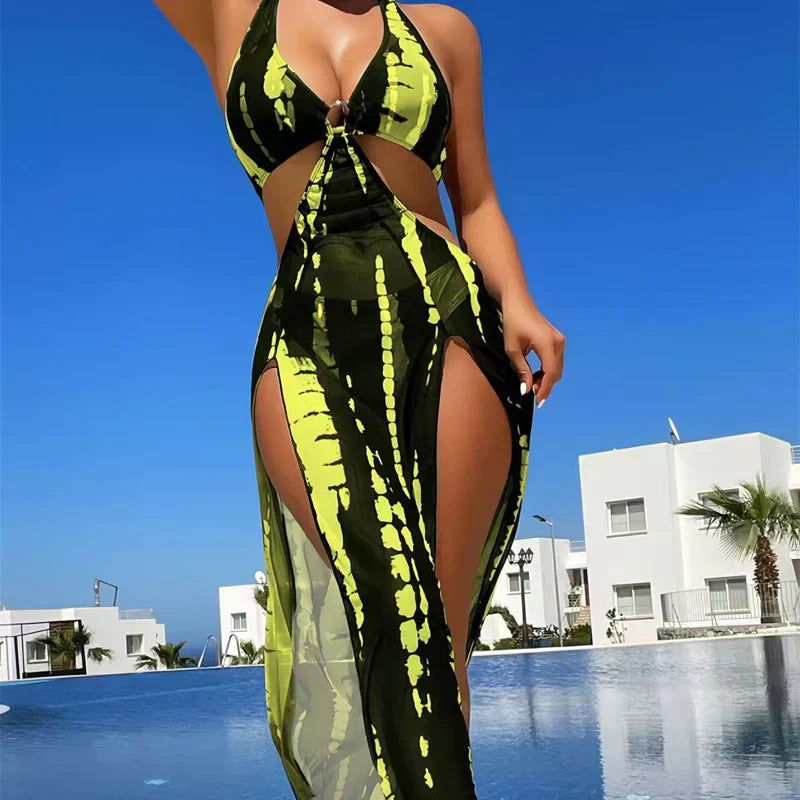 👙 LIMITED-TIME 50% OFF! ✨ Striped Two-Piece Swimsuit – Bow Neck, Ring Detail, High Stretch 🌊