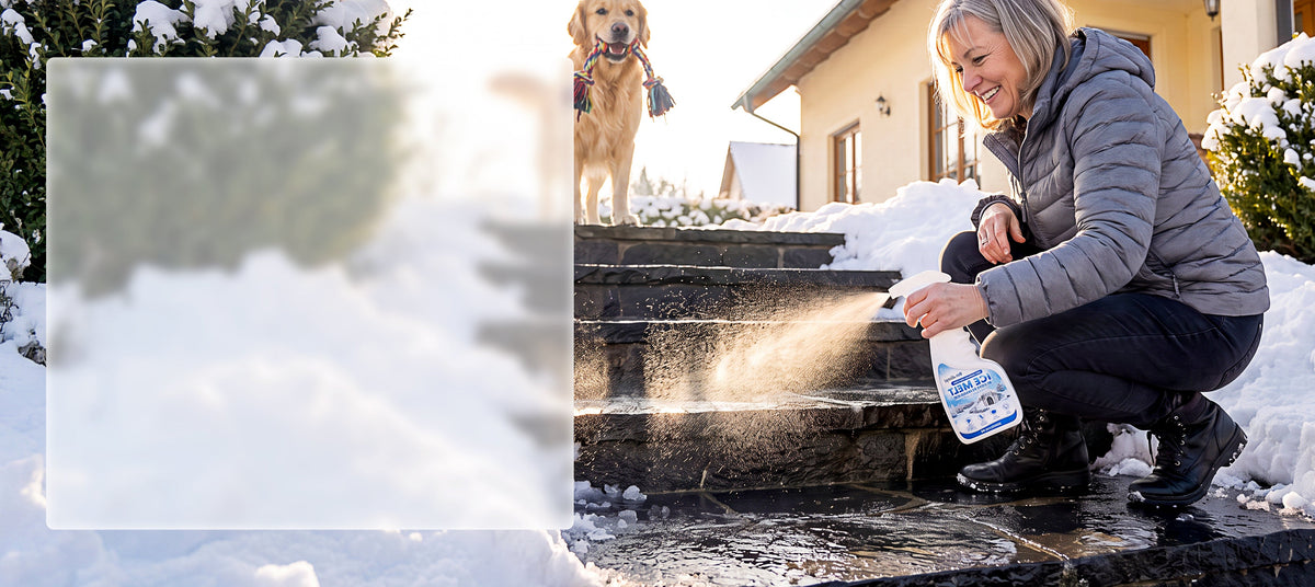 Outdoor de-icing spray used on snowy steps