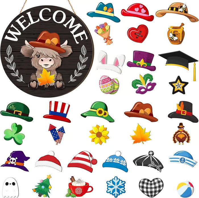 🐇 Easter Sale💥Highland Cow Sign Interchangeable Welcome Sign with Magnet Detachable Hats Cute Cattle Hanging