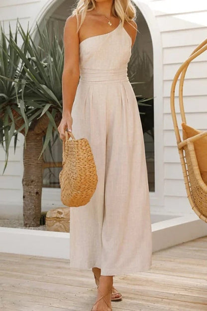 🎁Hot Sale 49% OFF⏳Women's Summer Straps One Shoulder Pleated High Waist Casual Wide Leg Jumpsuit Romper with Pockets