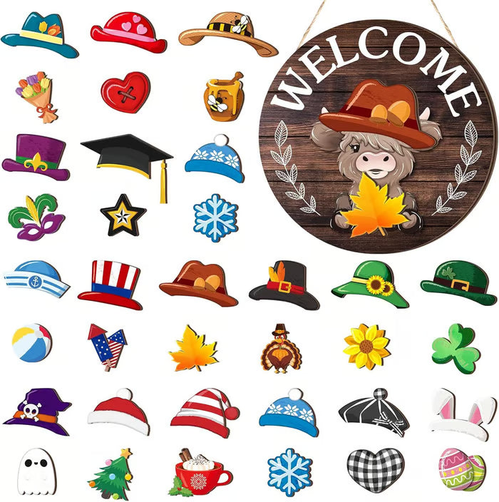 🐇 Easter Sale💥Highland Cow Sign Interchangeable Welcome Sign with Magnet Detachable Hats Cute Cattle Hanging