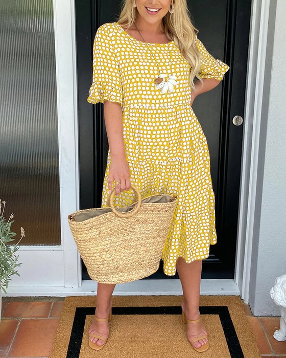 🎁2026 Big Sale 50% OFF🎁Round Neck Polka Dot Print Midi Dress
