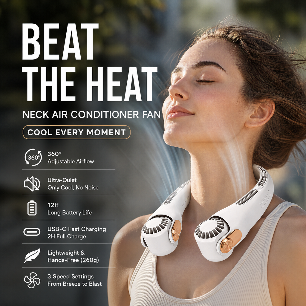 Neck air conditioner fan cooling woman outdoors