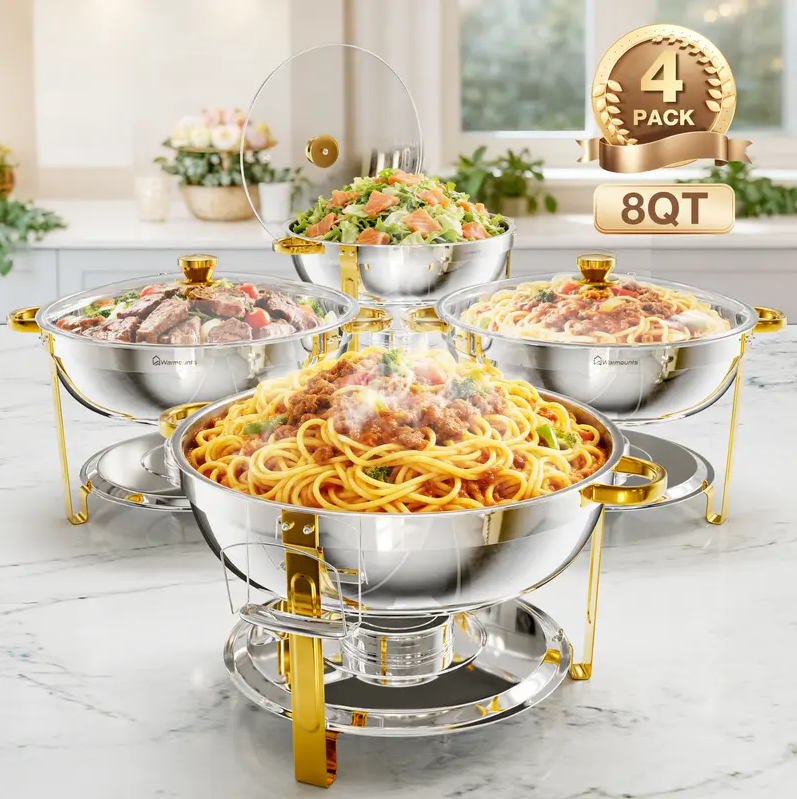 NEWBEEW 8QT Gold Chafing Dishes for Buffet with Glass Lid , Round Chafers and Buffet Warmers Set with Mirror-Polished Stainless Steel, Rolled Rim, Stackable, Lid Holder for Parties, Weddings, Easter, Gatherings (2/4 Pack）