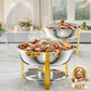 NEWBEEW 8QT Gold Chafing Dishes for Buffet with Glass Lid , Round Chafers and Buffet Warmers Set with Mirror-Polished Stainless Steel, Rolled Rim, Stackable, Lid Holder for Parties, Weddings, Easter, Gatherings (2/4 Pack）