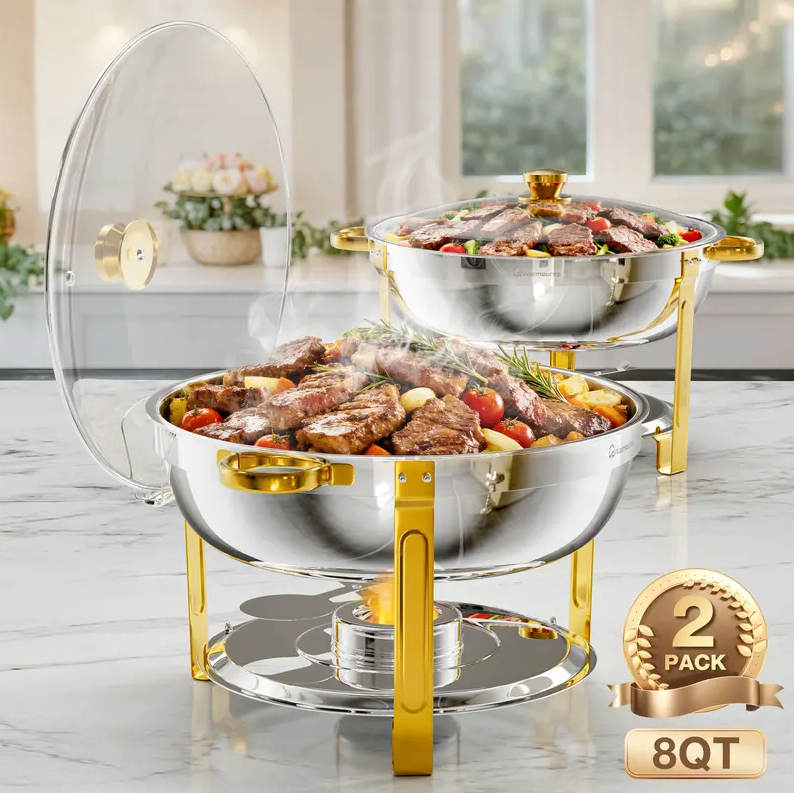 NEWBEEW 8QT Gold Chafing Dishes for Buffet with Glass Lid , Round Chafers and Buffet Warmers Set with Mirror-Polished Stainless Steel, Rolled Rim, Stackable, Lid Holder for Parties, Weddings, Easter, Gatherings (2/4 Pack）