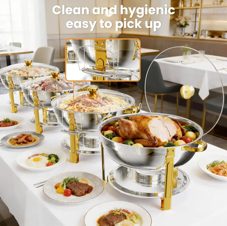 NEWBEEW 8QT Gold Chafing Dishes for Buffet with Glass Lid , Round Chafers and Buffet Warmers Set with Mirror-Polished Stainless Steel, Rolled Rim, Stackable, Lid Holder for Parties, Weddings, Easter, Gatherings (2/4 Pack）