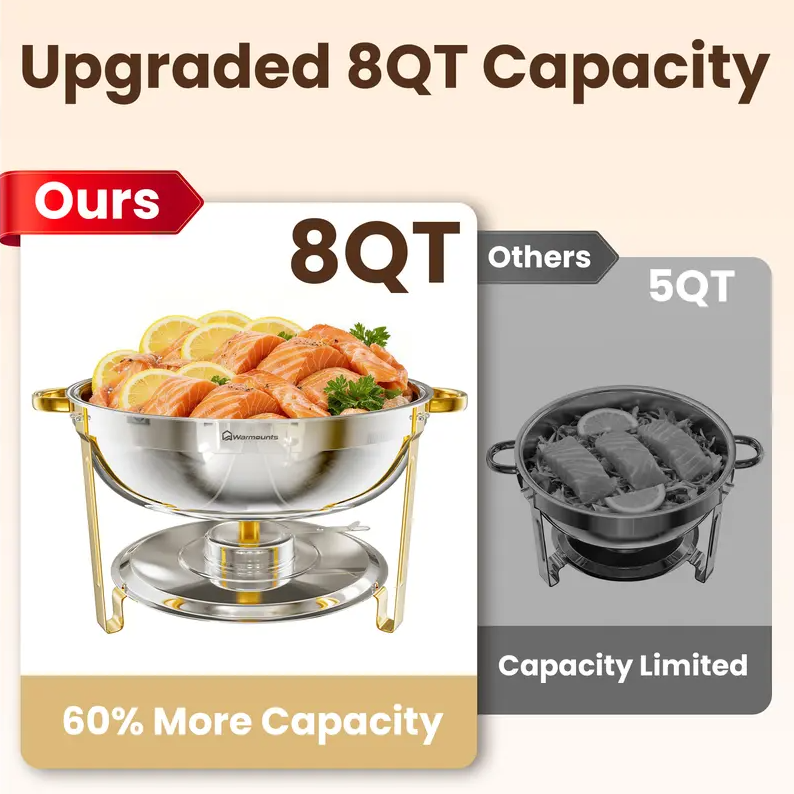 NEWBEEW 8QT Gold Chafing Dishes for Buffet with Glass Lid , Round Chafers and Buffet Warmers Set with Mirror-Polished Stainless Steel, Rolled Rim, Stackable, Lid Holder for Parties, Weddings, Easter, Gatherings (2/4 Pack）