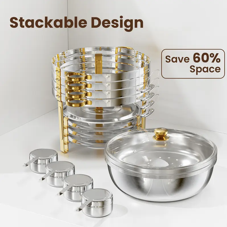 NEWBEEW 8QT Gold Chafing Dishes for Buffet with Glass Lid , Round Chafers and Buffet Warmers Set with Mirror-Polished Stainless Steel, Rolled Rim, Stackable, Lid Holder for Parties, Weddings, Easter, Gatherings (2/4 Pack）