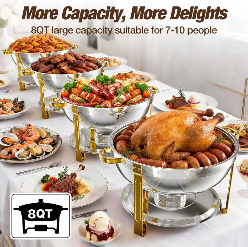 NEWBEEW 8QT Gold Chafing Dishes for Buffet with Glass Lid , Round Chafers and Buffet Warmers Set with Mirror-Polished Stainless Steel, Rolled Rim, Stackable, Lid Holder for Parties, Weddings, Easter, Gatherings (2/4 Pack）