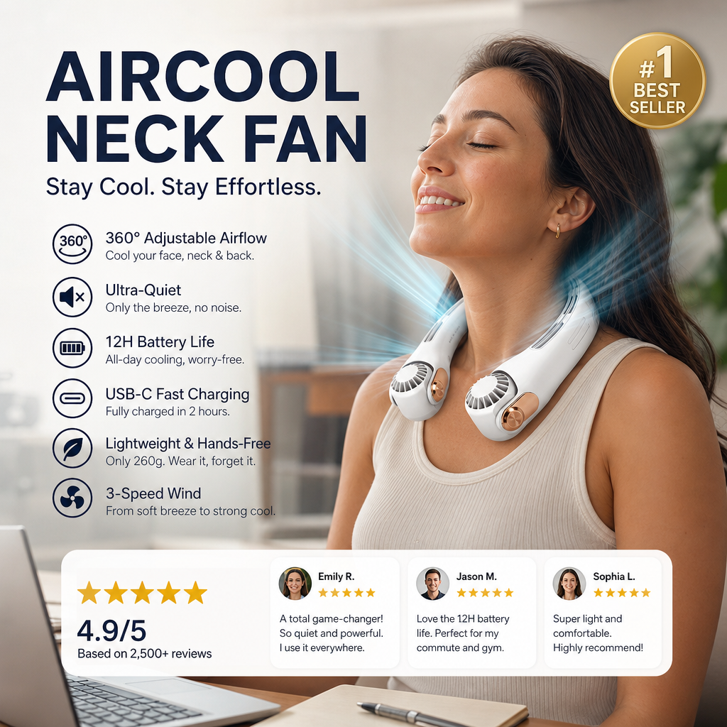 Social proof neck fan 4.9 stars