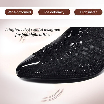 Hollow Mesh Rhinestone Chunky Heel Sandals