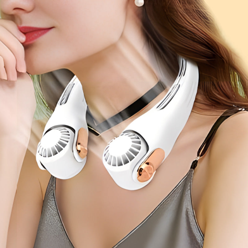 Woman wearing white neck fan close-up cooling airflow