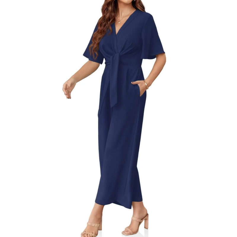Women's Elegant V-Neck Wide Leg Waist Tie Jumpsuit
