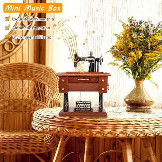 ✨ Wood Mini Sewing Machine Music Box – Handcrafted Retro Decor with Moving Parts & Nostalgic Melody