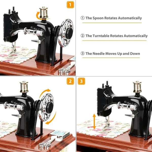 ✨ Wood Mini Sewing Machine Music Box – Handcrafted Retro Decor with Moving Parts & Nostalgic Melody