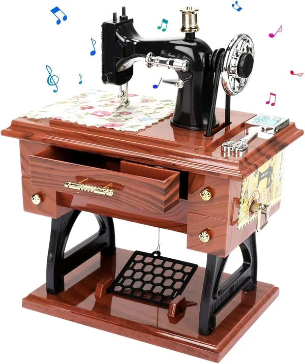 ✨ Wood Mini Sewing Machine Music Box – Handcrafted Retro Decor with Moving Parts & Nostalgic Melody