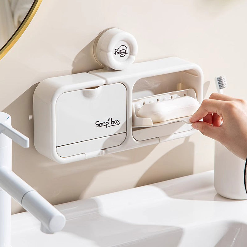 Wall-Mounted Soap Dish with Suction Cup & Flip-Top Lid