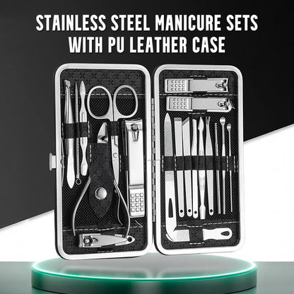 💥Stainless Steel Manicure Sets with PU Leather Case