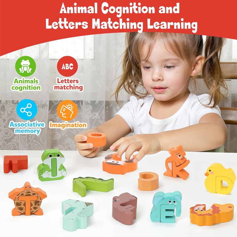 🎨26-Piece Wooden Letter & Animal Matching Toy