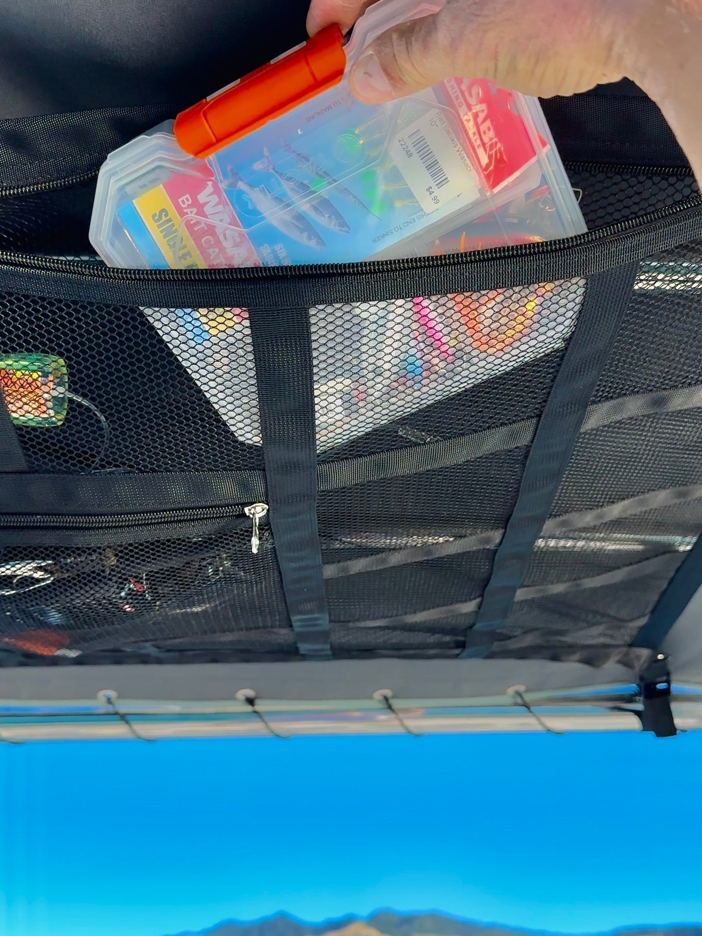 🚤50% OFF NOW! Overhead Mesh Gear Storage Net, Adjustable Car Roof Storage Bag, Multi‑Pocket Ceiling Mesh Organizer for SUV, Van, 4x4, Boat & Rooftop Tent, Holds Fishing Gear & Outdoor Supplies