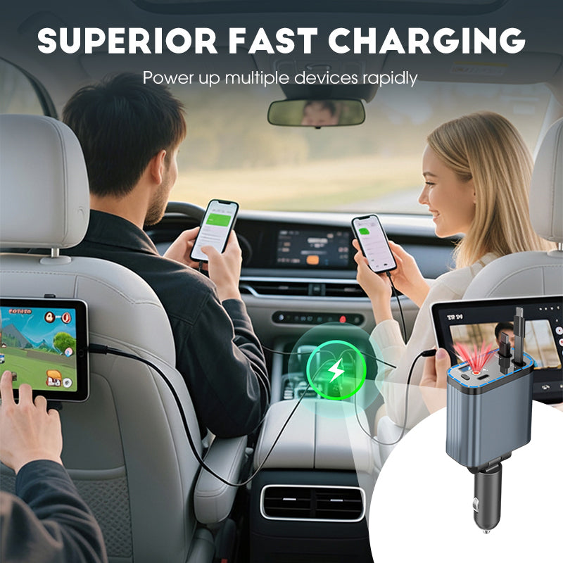 ⚡✨ Ultra-fast 4-in-1 Car Charger 90W – With Retractable Cables & Ambient Starlight 🚗🌌