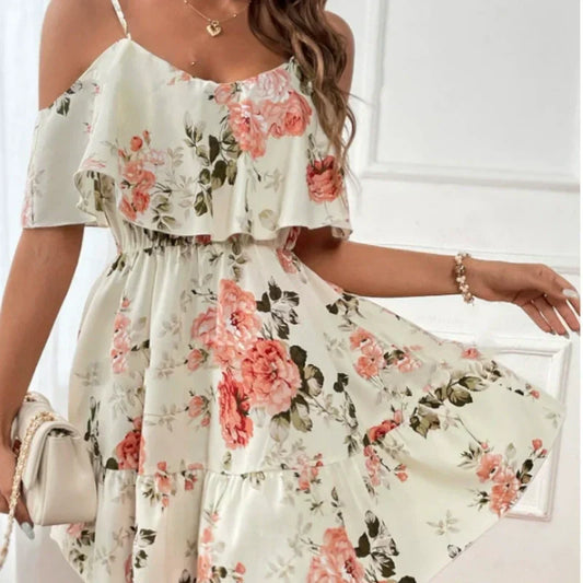 Women's Boho Floral Print Cold Shoulder Dress