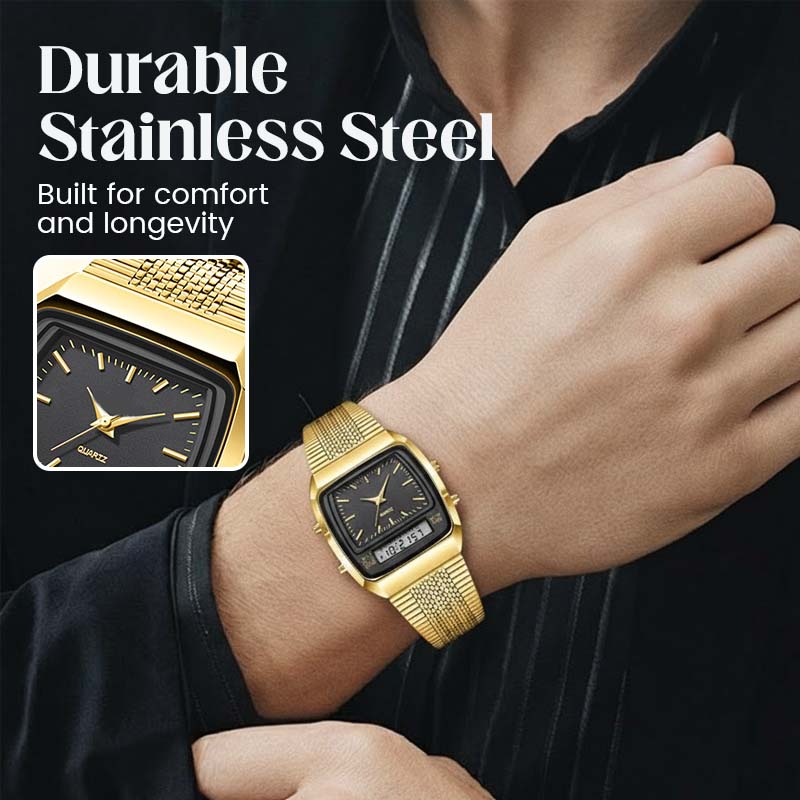 ⌚ LIMITED-TIME 50% OFF! 💥 Retro Style Square Face Multifunction Watch – Dual Display, Zinc Alloy, Stainless Steel ✨