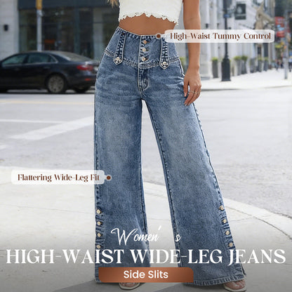 💎 50% OFF! 💎 Women’s High-Waist Wide-Leg Jeans 2026 – Side Slits, Stretch Denim & Retro Button Detail 👖✨