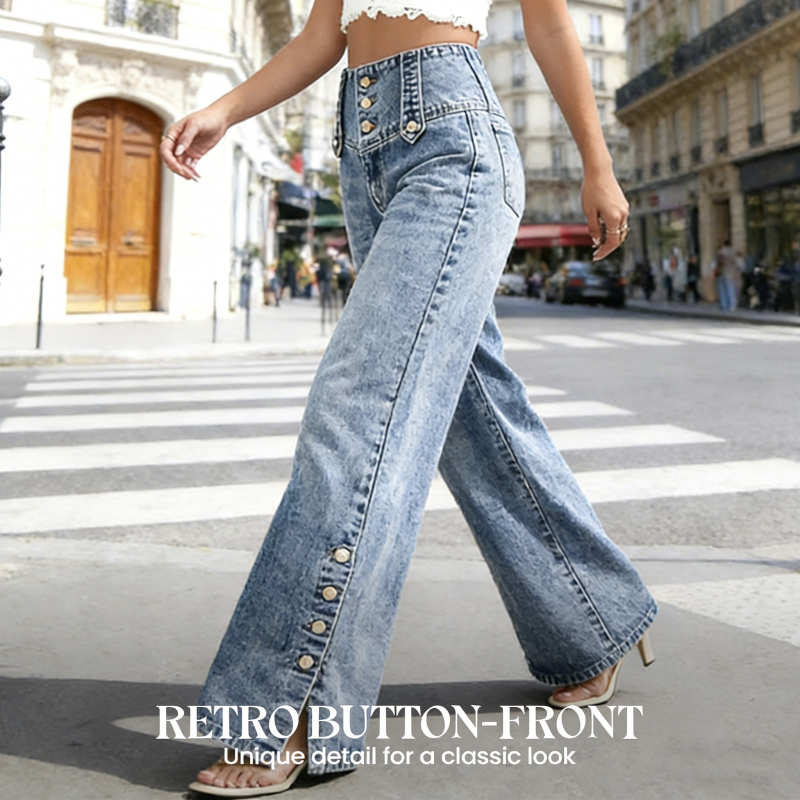 💎 50% OFF! 💎 Women’s High-Waist Wide-Leg Jeans 2026 – Side Slits, Stretch Denim & Retro Button Detail 👖✨
