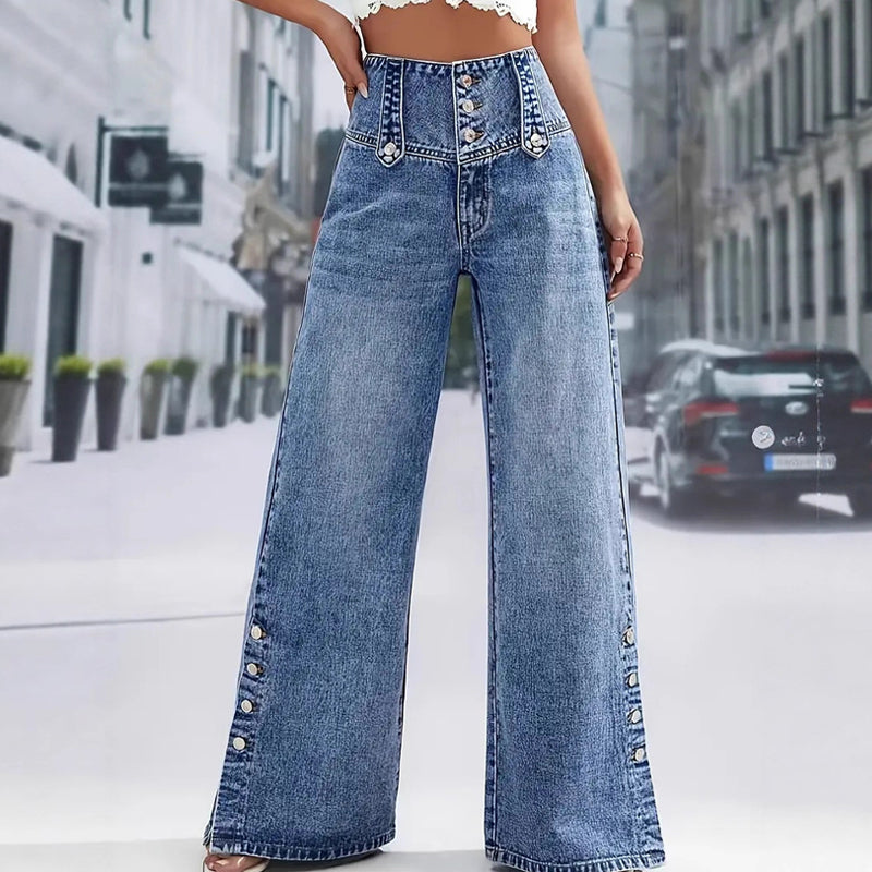 💎 50% OFF! 💎 Women’s High-Waist Wide-Leg Jeans 2026 – Side Slits, Stretch Denim & Retro Button Detail 👖✨