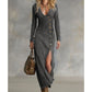 💎 50% OFF! 💎 Women's Long Sleeve V-Neck Maxi Dress – Soft Fabric, Bodycon Fit & Elegant High Slit 👗✨