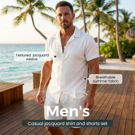 🥳2026 HOT SALE🥳💞50K+ SOLD!💥👴 🍻50% OFF! Men's Jacquard Shirt & Shorts Set – Easy-fit comfort for warm days! Breathable fabric, no ironing needed. Perfect for garden or seaside. ☀️🌿