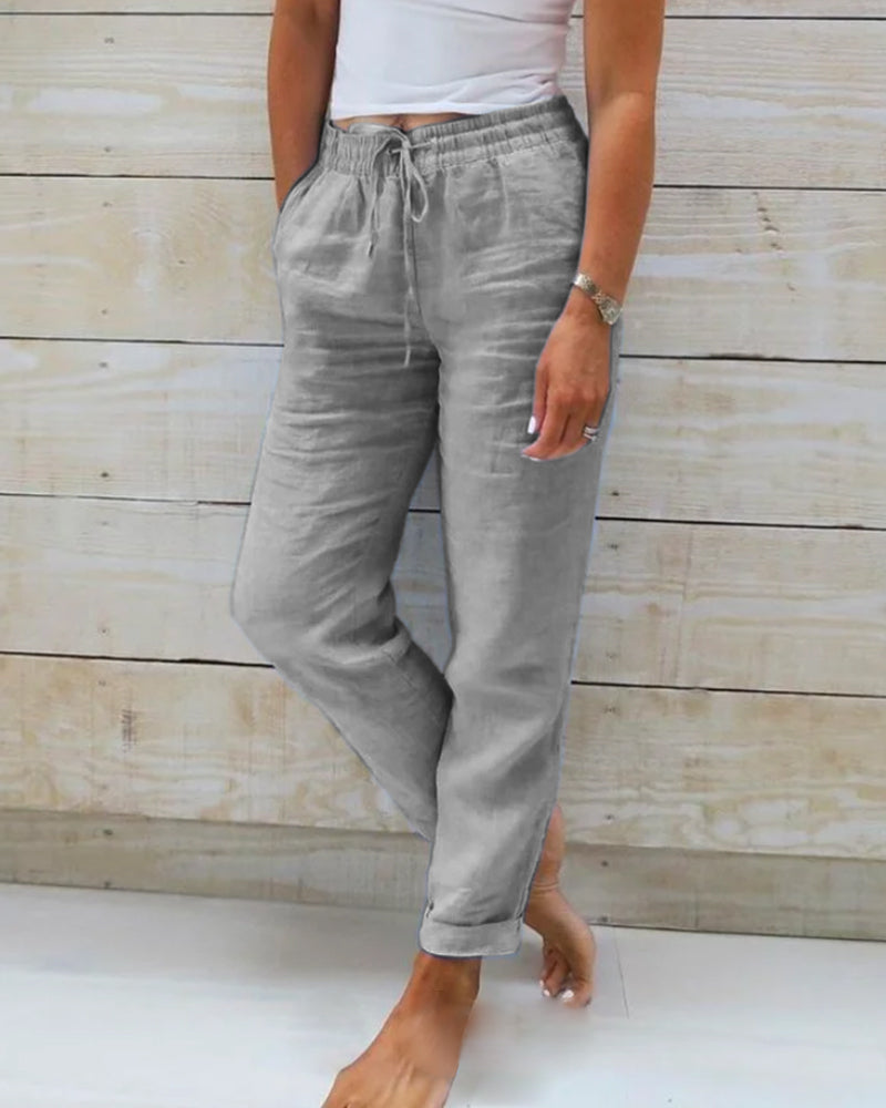 Women's  Elastic Waist Cotton Linen Wide Leg Pants
