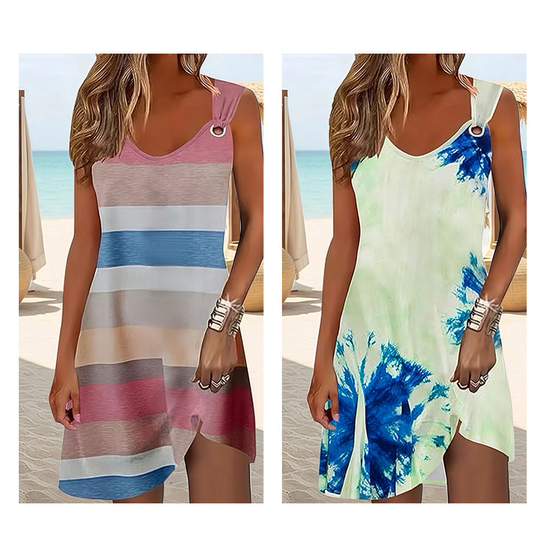 Summer Fashion Elegant Striped Ethnic Print Sleeveless V Neck Loose Fit Plus Size Women's Dress, Casual Wear, Casual Style Natural Waist