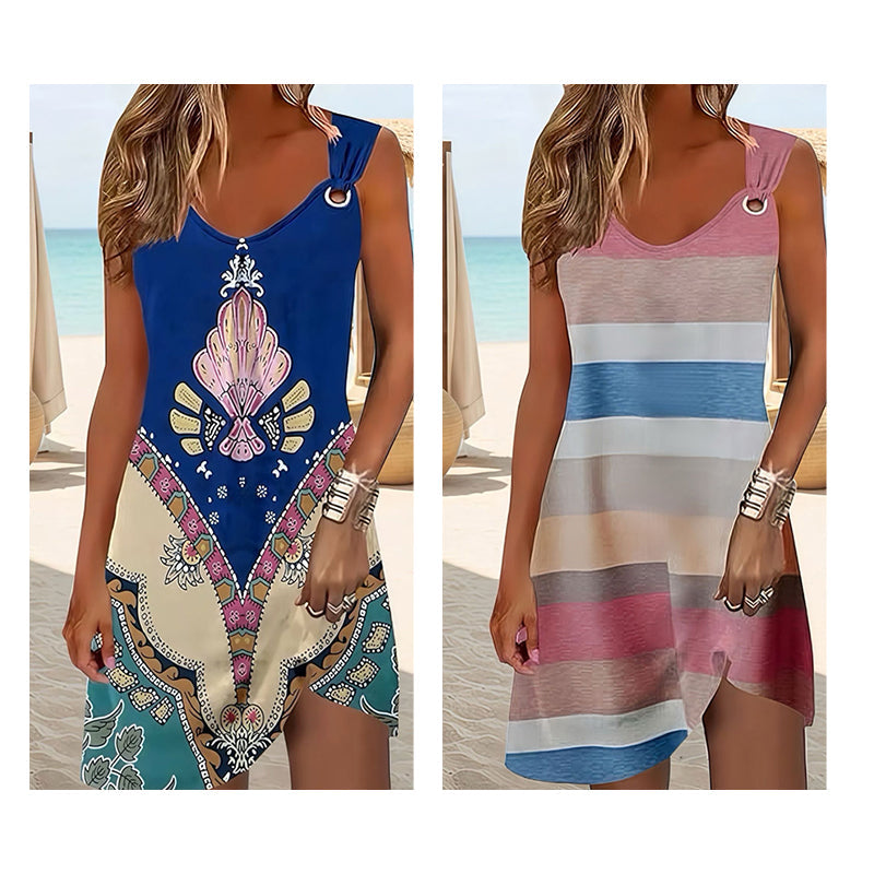 Summer Fashion Elegant Striped Ethnic Print Sleeveless V Neck Loose Fit Plus Size Women's Dress, Casual Wear, Casual Style Natural Waist
