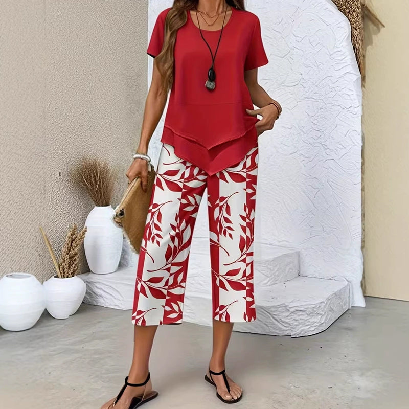 👗50% OFF! 🔥Women's 2-Piece Set – Layered Asymmetrical Tunic Top & Printed Wide Leg Pants, Breathable Polyester ✨