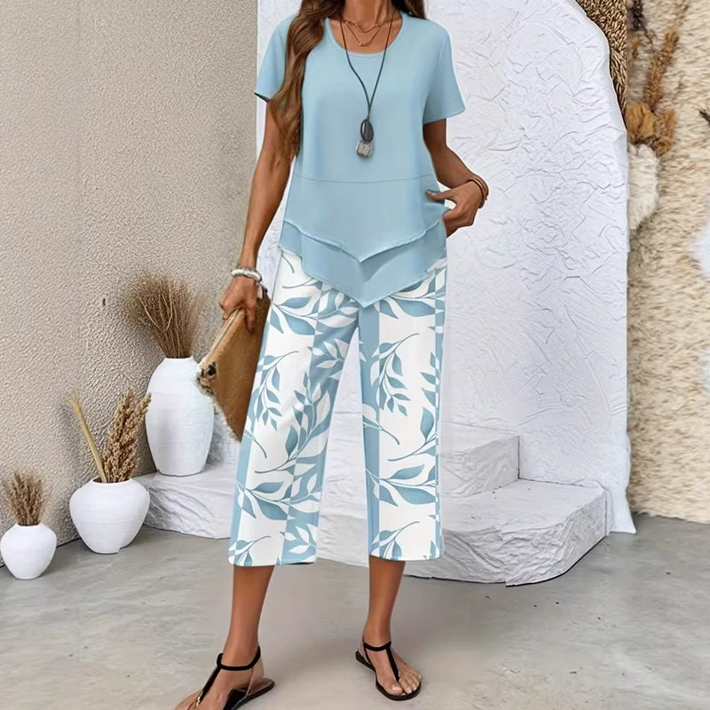 👗50% OFF! 🔥Women's 2-Piece Set – Layered Asymmetrical Tunic Top & Printed Wide Leg Pants, Breathable Polyester ✨