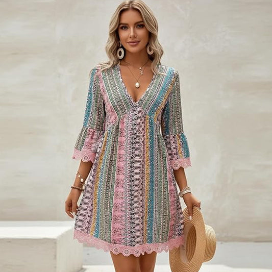 Women's V-Neck Mini Dress with Geometric Print & Lace Trim - Perfect for Vacations