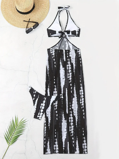 👙 LIMITED-TIME 50% OFF! ✨ Striped Two-Piece Swimsuit – Bow Neck, Ring Detail, High Stretch 🌊