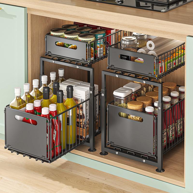 🎉 2026 Sale — Over 31,000 Sold! 🗄️ Carbon Steel Double-Tier Pull Out Cabinet Organizer – Independent Slides, 5 Height Levels – Heavy Items, Easy Access! ✨